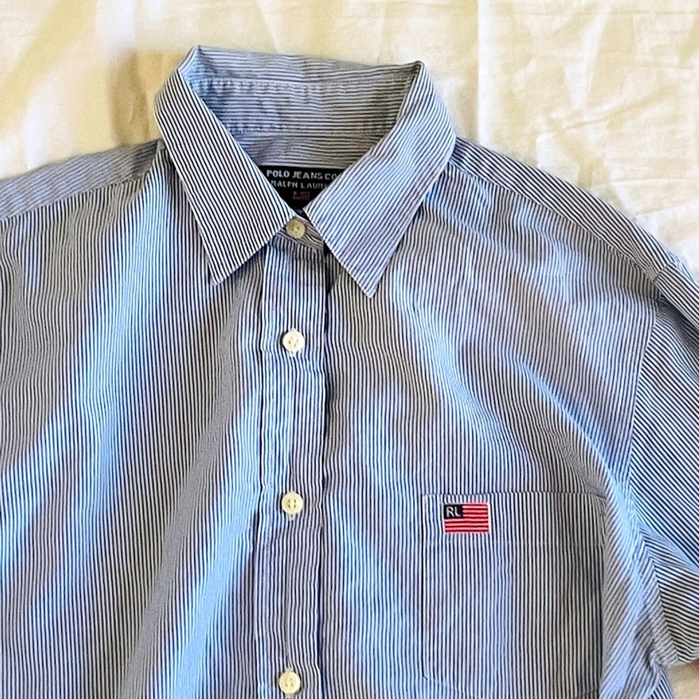 Polo Jeans Co Ralph Lauren Shirt Mens Medium Blue White Stripe Flag 90s Vintage - Picture 2 of 9